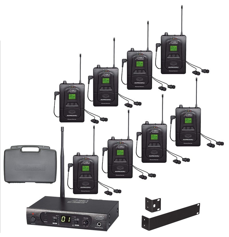 نظام مراقبة لاسلكي داخل الأذن Audio2000S AWM630CU UHF 100 تردد قابل للاختيار مع ثمانية مستقبلات لاسلكية وحقيبة حمل PVC