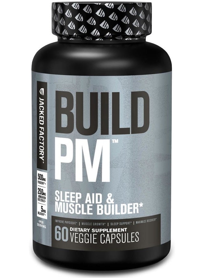 Jacked Factory Build PM Night Time Muscle Builder & Sleep Aid - Post Workout Recovery & Sleep Support Supplement w/VitaCherry Tart Cherry, Ashwagandha, & Melatonin - 60 Natural Veggie Pills - Image 1