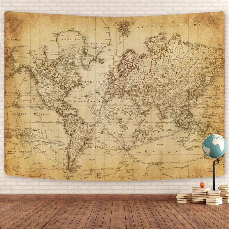GOAOK Old World Map Tapestry Vintage World Map Geographical Distribution Tapestry Wall Hanging Brown Historical Atlas Educational Poster Classroom Large Tapestries Office Decor 90x70 - Image 2