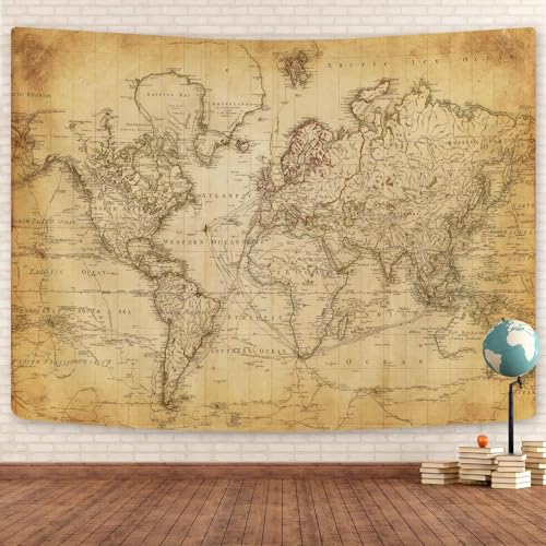 GOAOK Old World Map Tapestry Vintage World Map Geographical Distribution Tapestry Wall Hanging Brown Historical Atlas Educational Poster Classroom Large Tapestries Office Decor 90x70 - Image 1