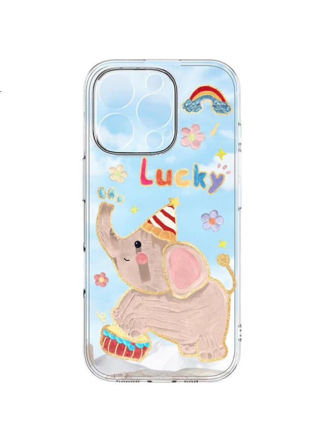 Shell Sister Jiejiejie Iphone 16 Pro Case With Lanyard, Premium Feel, Slim Silicone Soft Shell, Painted Cartoon Lens Protection, Full Coverage, For Men And Women, Oil Painting Elephant Design - Image 2