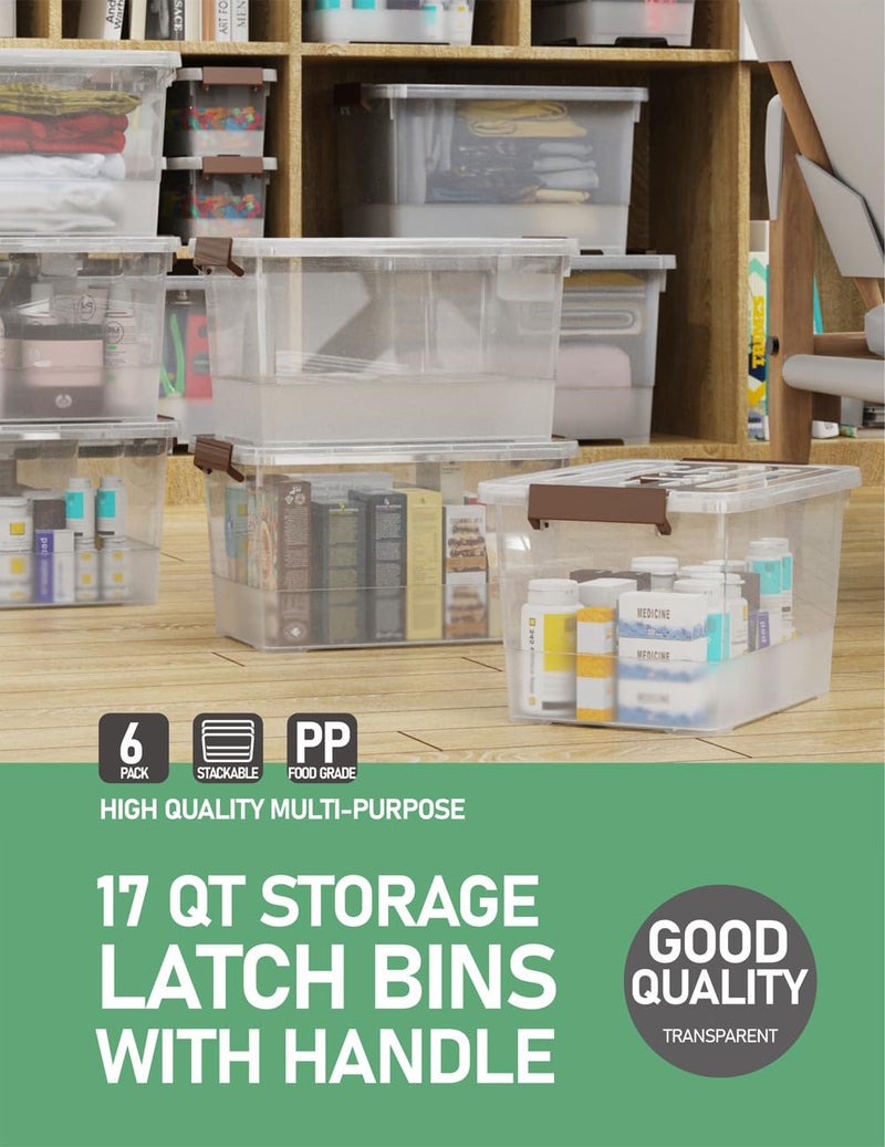 WYT 6 Pack 17qt Clear Plastic Storage Bin with Lid and Latching Buckles, Stackable Tote Organizing Box with Handle - Image 5