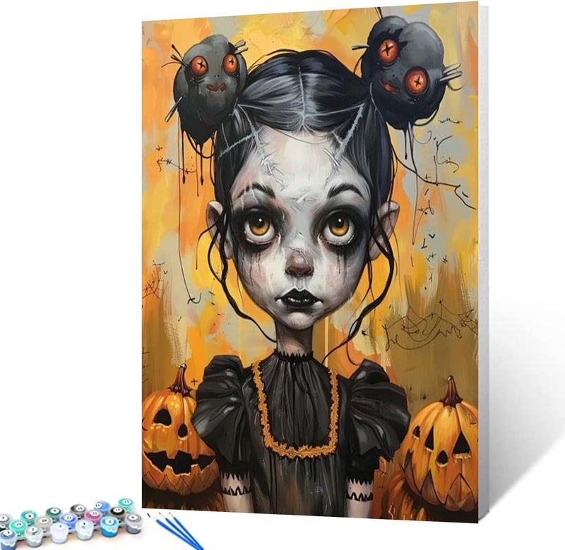 Tucocoo Halloween Pumpkin Strange Girl Paint by Number Cute Weird Girl Portrait DIY Painting on Canvas with Brushes Acrylic Paints Paint by Numbers for Adults and Beginner 16x20 InchWithout Frame - Image 2