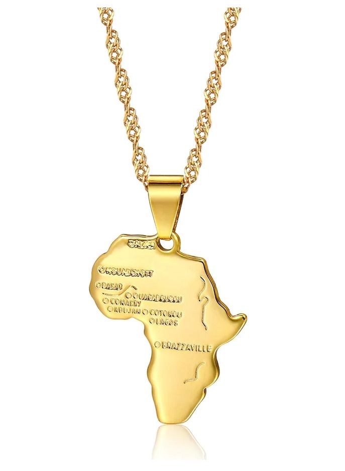 Africa Map Pendant and Letter Carved Design Map of Africa Shaped 18k Gold Plated Necklace, African gift for her, UNISEX African Pendant Gift - Image 1