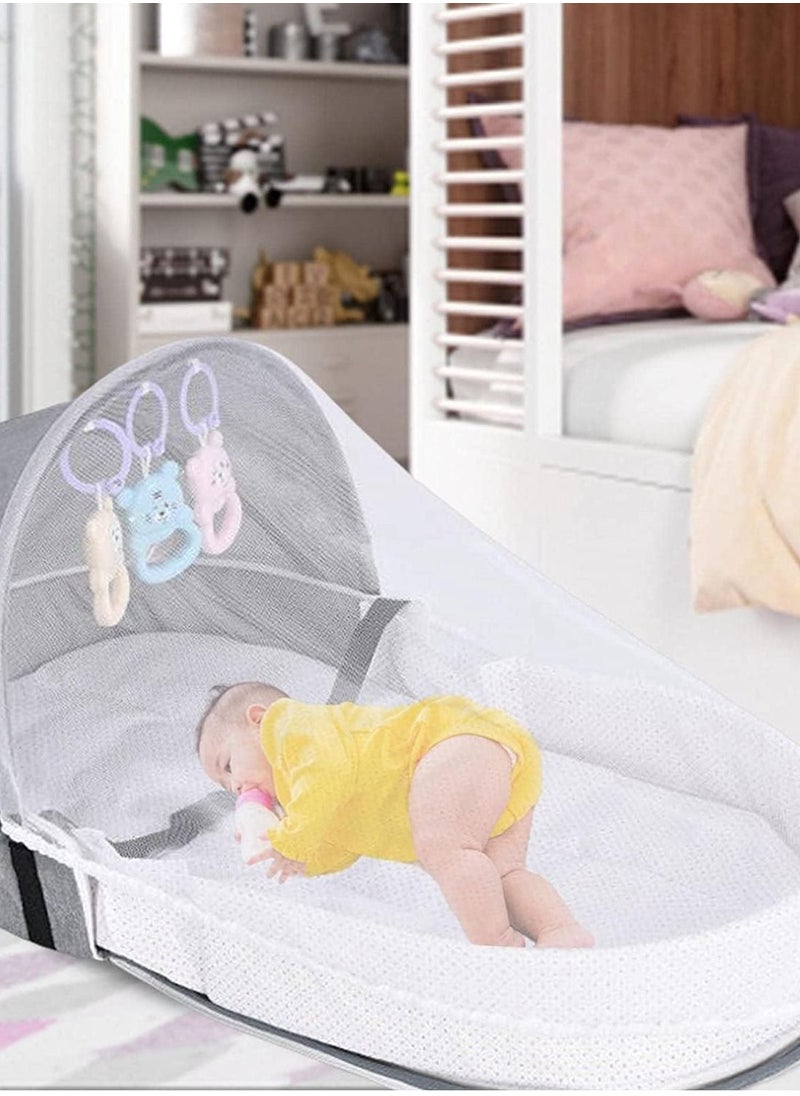 Generic - Baby Travel Cot with Mosquito Net and Awning, Foldable Baby Tent, Washable Crib Bionic Travel Bed Breathable Cradle Cot, Portable Baby Cot, Foldable Baby Cot with Mosquito Net (Grey) - Image 1