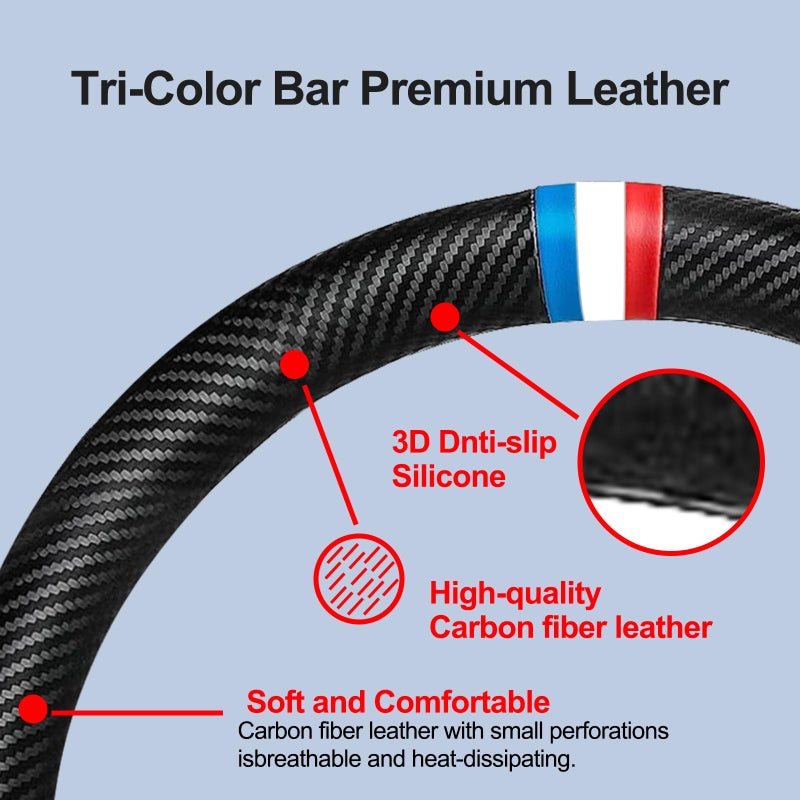 Nosxxus Carbon Fiber Leather Sport Car Steering Wheel Cover Sports Steering Wheel High-Grade Leather Set Stylish Non-Slip Leather car Interior 15 inches for All Car Steering Wheel Cover - Image 3