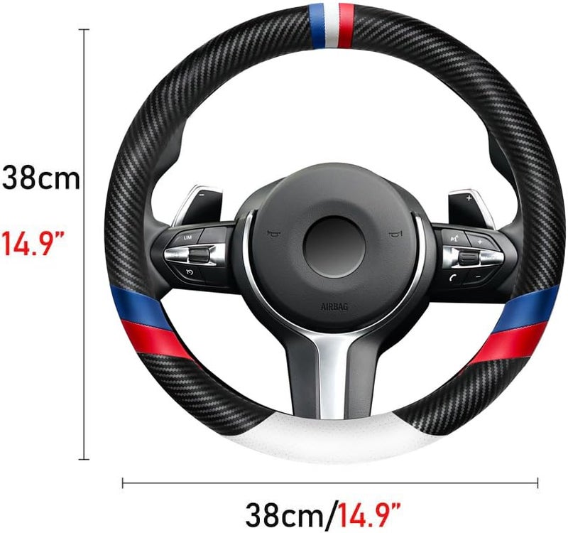 Nosxxus Carbon Fiber Leather Sport Car Steering Wheel Cover Sports Steering Wheel High-Grade Leather Set Stylish Non-Slip Leather car Interior 15 inches for All Car Steering Wheel Cover - Image 5