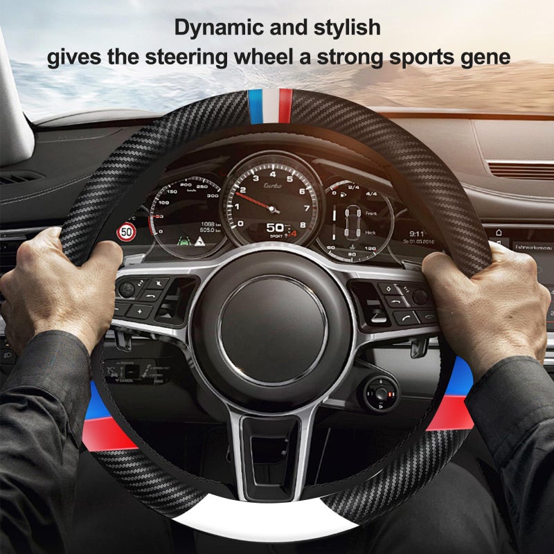 Nosxxus Carbon Fiber Leather Sport Car Steering Wheel Cover Sports Steering Wheel High-Grade Leather Set Stylish Non-Slip Leather car Interior 15 inches for All Car Steering Wheel Cover - Image 2