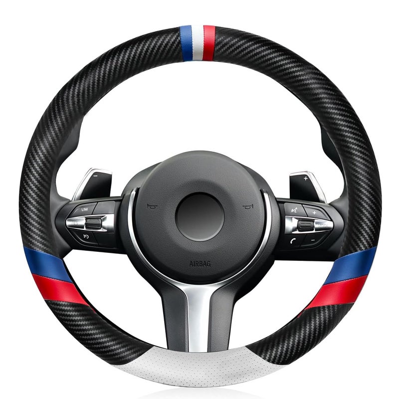 Nosxxus Carbon Fiber Leather Sport Car Steering Wheel Cover Sports Steering Wheel High-Grade Leather Set Stylish Non-Slip Leather car Interior 15 inches for All Car Steering Wheel Cover - Image 1