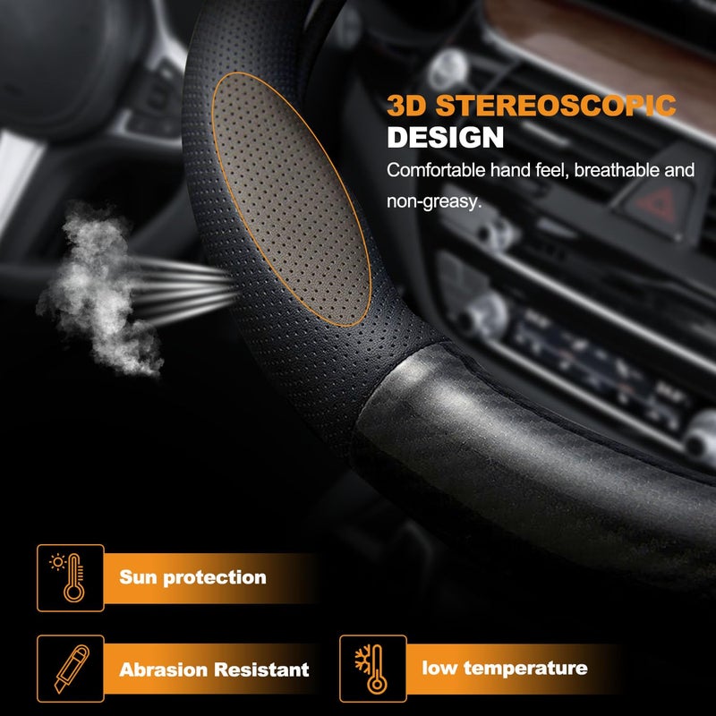 Nosxxus Carbon Fiber Leather Sport Car Steering Wheel Cover Sports Steering Wheel High-Grade Leather Set Stylish Non-Slip Leather car Interior 15 inches for All Car Steering Wheel Cover - Image 4