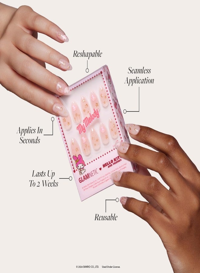 Glamnetic x Hello Kitty® and Friends Press On Nails - My Melody™ | Short Almond Gold Foil 3D Graphic Fake Nails in a Glossy Finish | 15 Sizes - 30 Nail Kit with Glue - Image 3