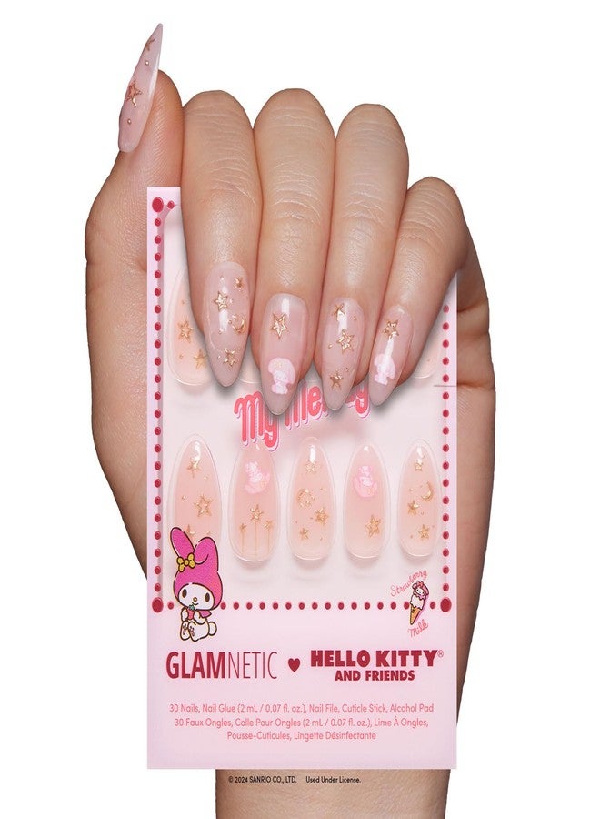 Glamnetic x Hello Kitty® and Friends Press On Nails - My Melody™ | Short Almond Gold Foil 3D Graphic Fake Nails in a Glossy Finish | 15 Sizes - 30 Nail Kit with Glue - Image 1
