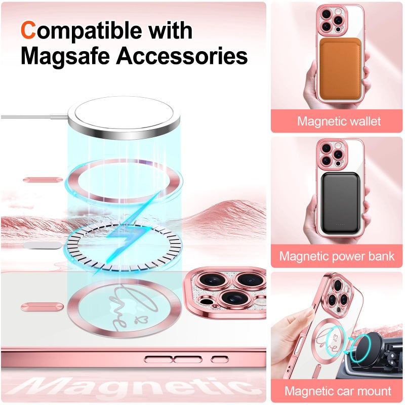 Hython for iPhone 16 Pro Max Case Glitter, Compatible with MagSafe Love Heart Magnetic Clear Phone Cases for Women Girls, Full Camera Protection Sparkle Plating Shockproof Protective Cover, Pink - Image 3