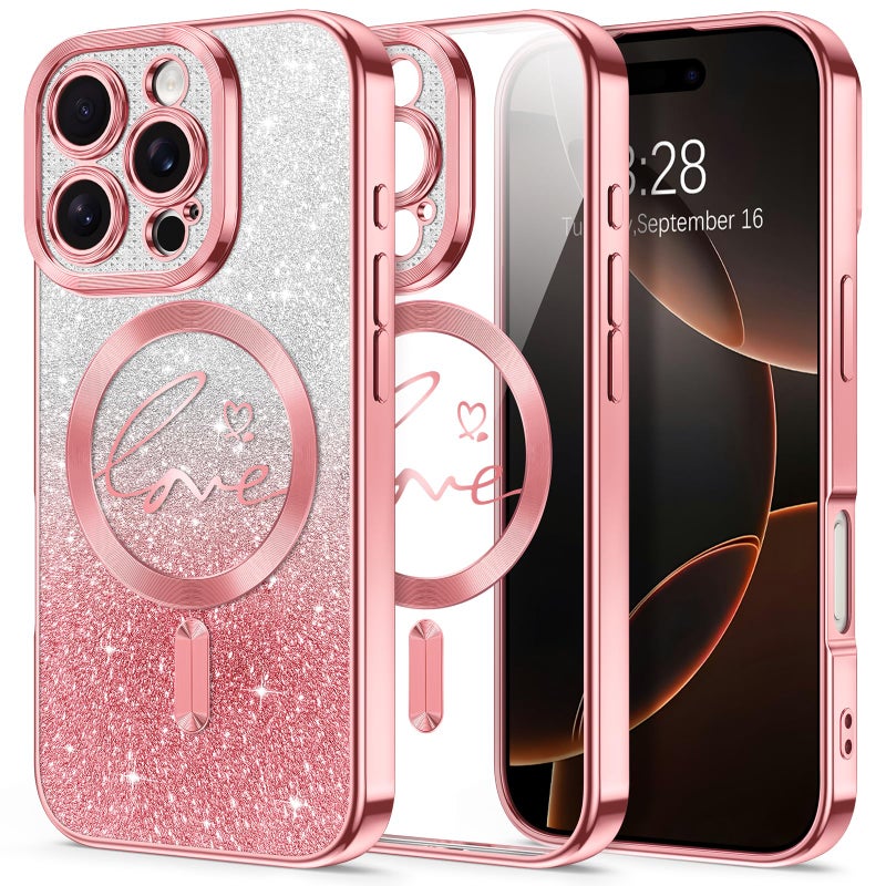 Hython for iPhone 16 Pro Max Case Glitter, Compatible with MagSafe Love Heart Magnetic Clear Phone Cases for Women Girls, Full Camera Protection Sparkle Plating Shockproof Protective Cover, Pink - Image 1