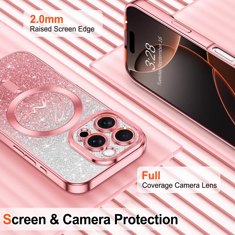 Hython for iPhone 16 Pro Max Case Glitter, Compatible with MagSafe Love Heart Magnetic Clear Phone Cases for Women Girls, Full Camera Protection Sparkle Plating Shockproof Protective Cover, Pink - Image 4