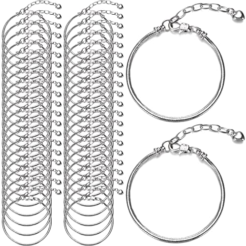 Hicarer 27 Pieces Snake Charm Bracelet Chain Adjustable Charm Bracelet Chain with Heart Shape Extender Copper DIY for Women Jewelry Making(6.3 Inch,Silver) - Image 1