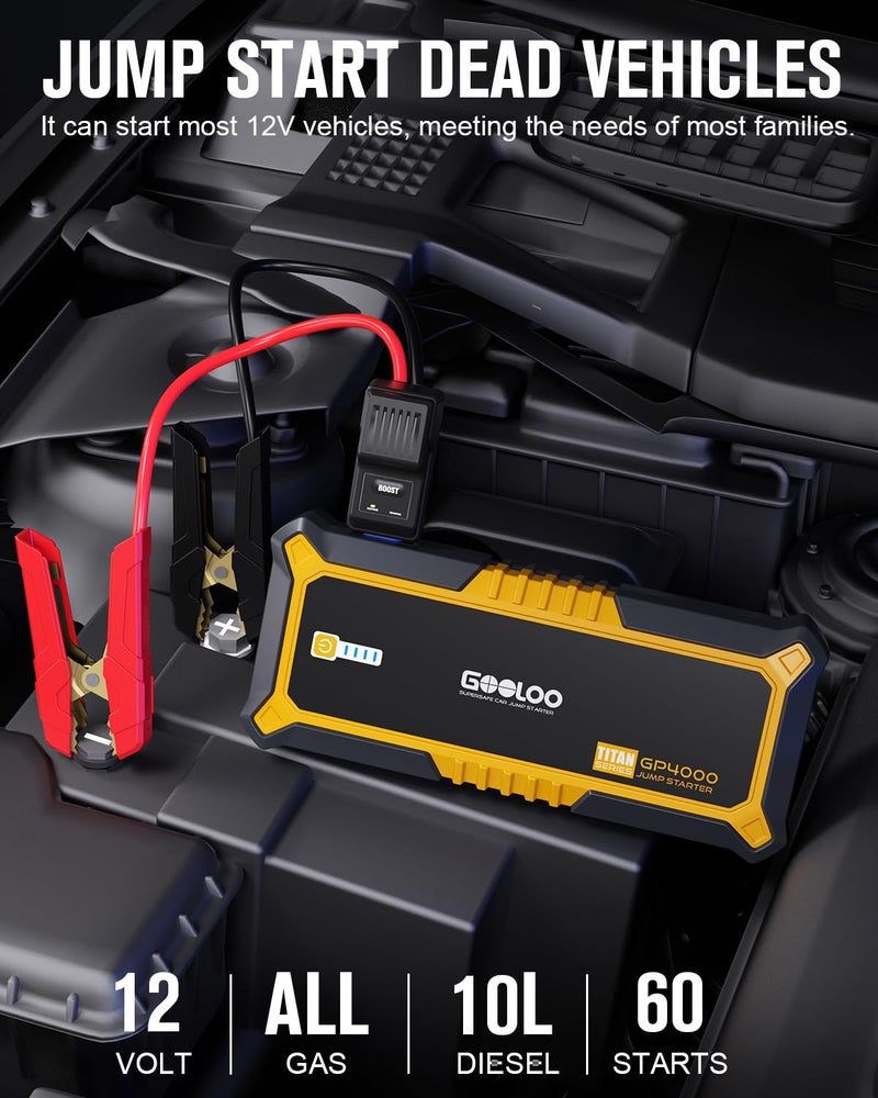 GOOLOO GP4000 Jump Starter 4000A Peak Car Starter (All Gas,up to 10.0L Diesel Engine) SuperSafe 12V Lithium Jump Box,Auto Battery Booster Pack,Portable Power Bank with USB Quick Charge and Type C Port - Image 2