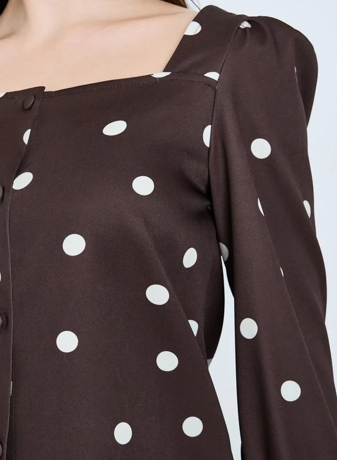 Styli Brown Polka Dot Print Square Neck Blouse