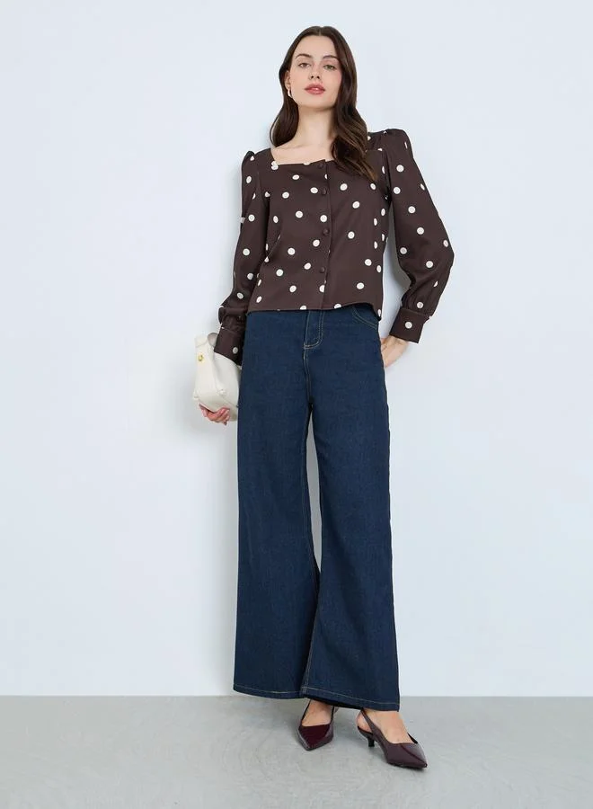 Styli  Brown Polka Dot Print Square Neck Blouse for Women | Best Price UAE