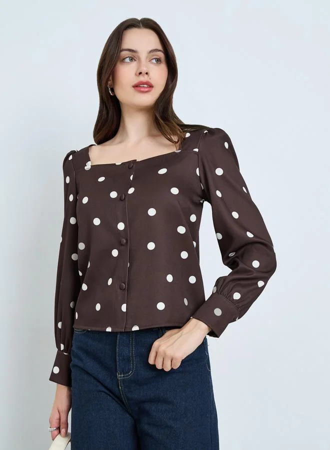 Brown Polka Dot Print Square Neck Blouse