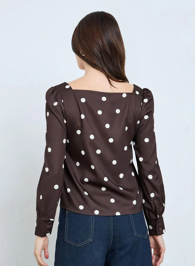 Styli  Brown Polka Dot Print Square Neck Blouse for Women | Best Price UAE