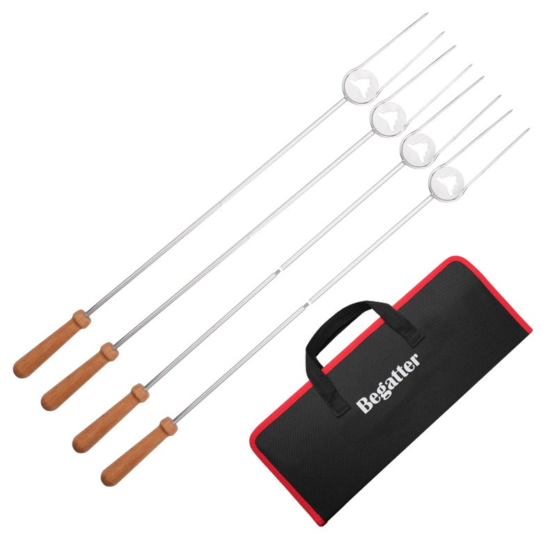 Begatter Heavy Duty Hot Dog Roasting Sticks for Campfire Extendable Marshmallow Sticks for Fire Pit 32 Long Smores Sticks Stainless Steel Skewers for Hotdogs and Smores Beech Wood Handle 4 Pack