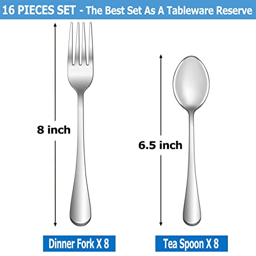 MUTNITT 16 Pcs Forks and Spoons Silverware Set,Food Grade Stainless Steel Flatware Cutlery Set for Home,Kitchen and Restaurant,Mirror Polished,Dishwasher Safe - 8 Dinner Fork(8 inch) and 8 Teaspoon(6.5 inch) - Image 2