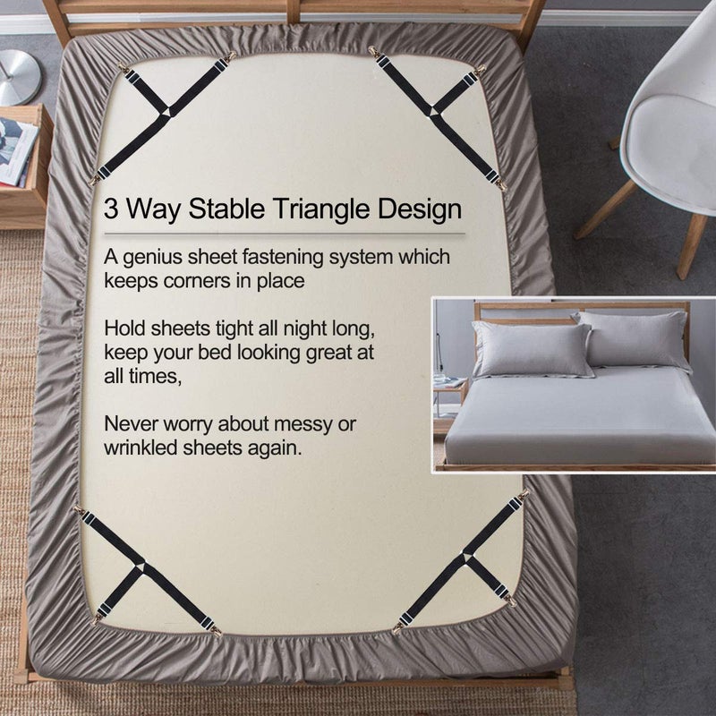 Kimee Bed Sheet Holders Straps Fasteners - 4 Pcs Triangle Sheet Fasteners Fitted Sheet Corner Holder Elastic Adjustable Band Sheet Holders Clip Suspenders Grippers(Black) - Image 3