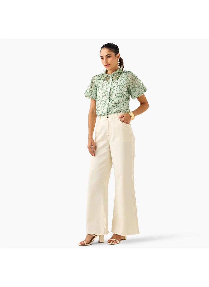 2Xtremz 2Xtremz Floral Embroidered Shirt with Button Closure and Puff Sleeves