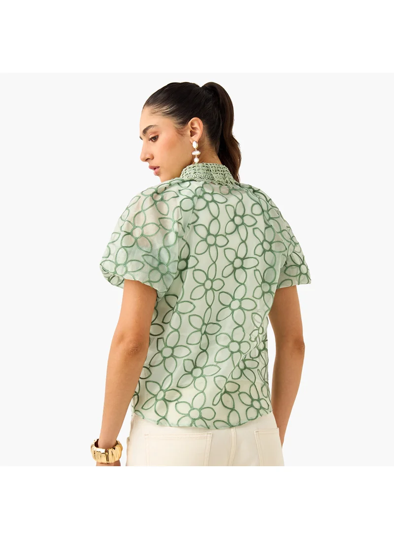 2Xtremz 2Xtremz Floral Embroidered Shirt with Button Closure and Puff Sleeves