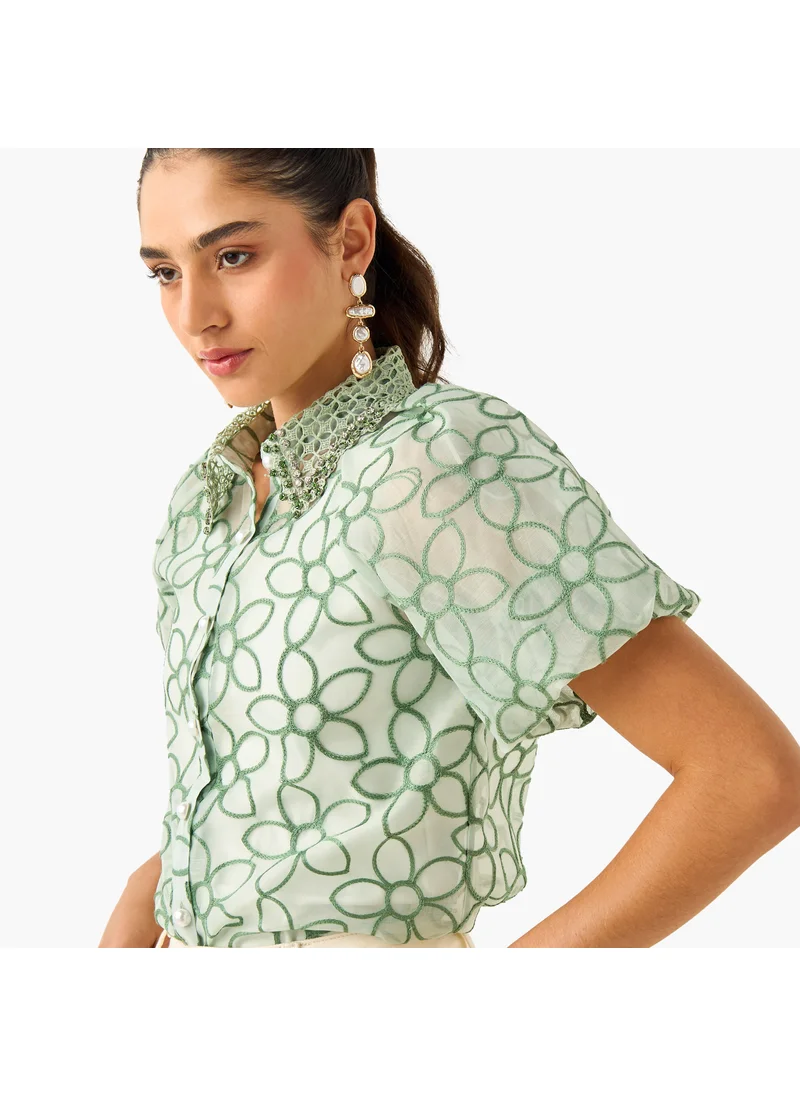 2Xtremz 2Xtremz Floral Embroidered Shirt with Button Closure and Puff Sleeves