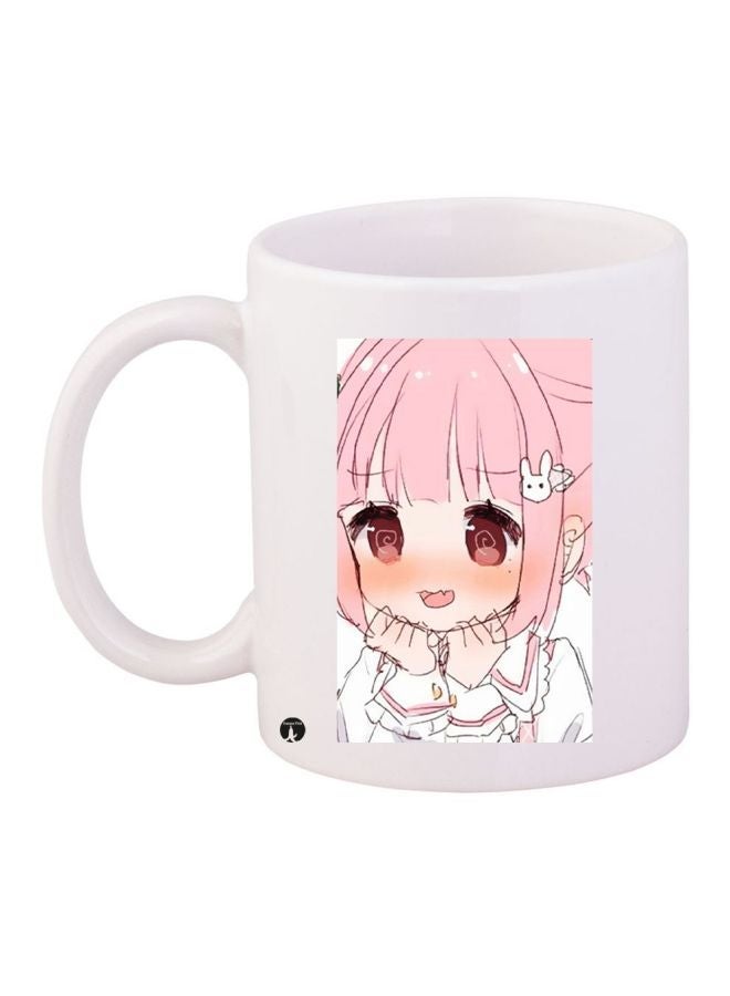RYN Cartoon Girl Printed Coffee Mug White/Pink/Brown 11ounce