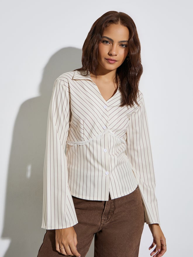Styli Beige Striped Lace Trim Shirt - Image 3