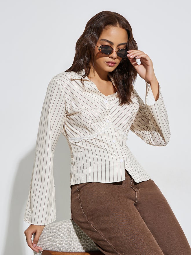 Styli Beige Striped Lace Trim Shirt - Image 1