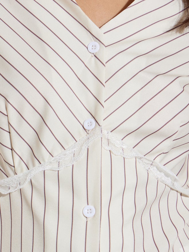 Styli Beige Striped Lace Trim Shirt - Image 4