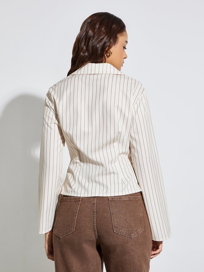 Styli Beige Striped Lace Trim Shirt - Image 5