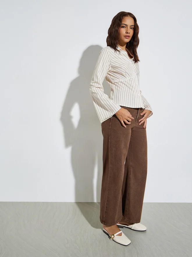 Styli Beige Striped Lace Trim Shirt