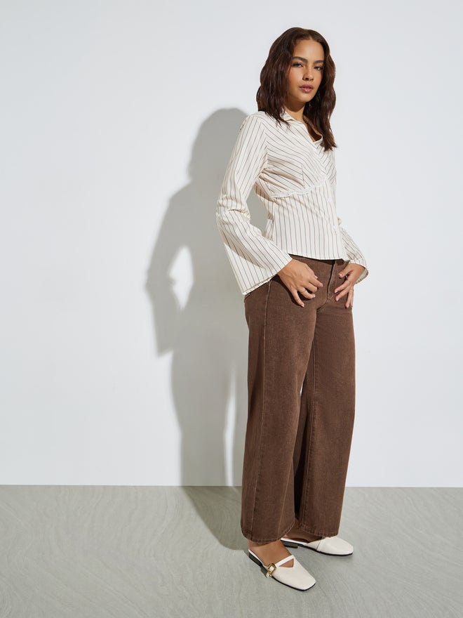 Styli Beige Striped Lace Trim Shirt - Image 2