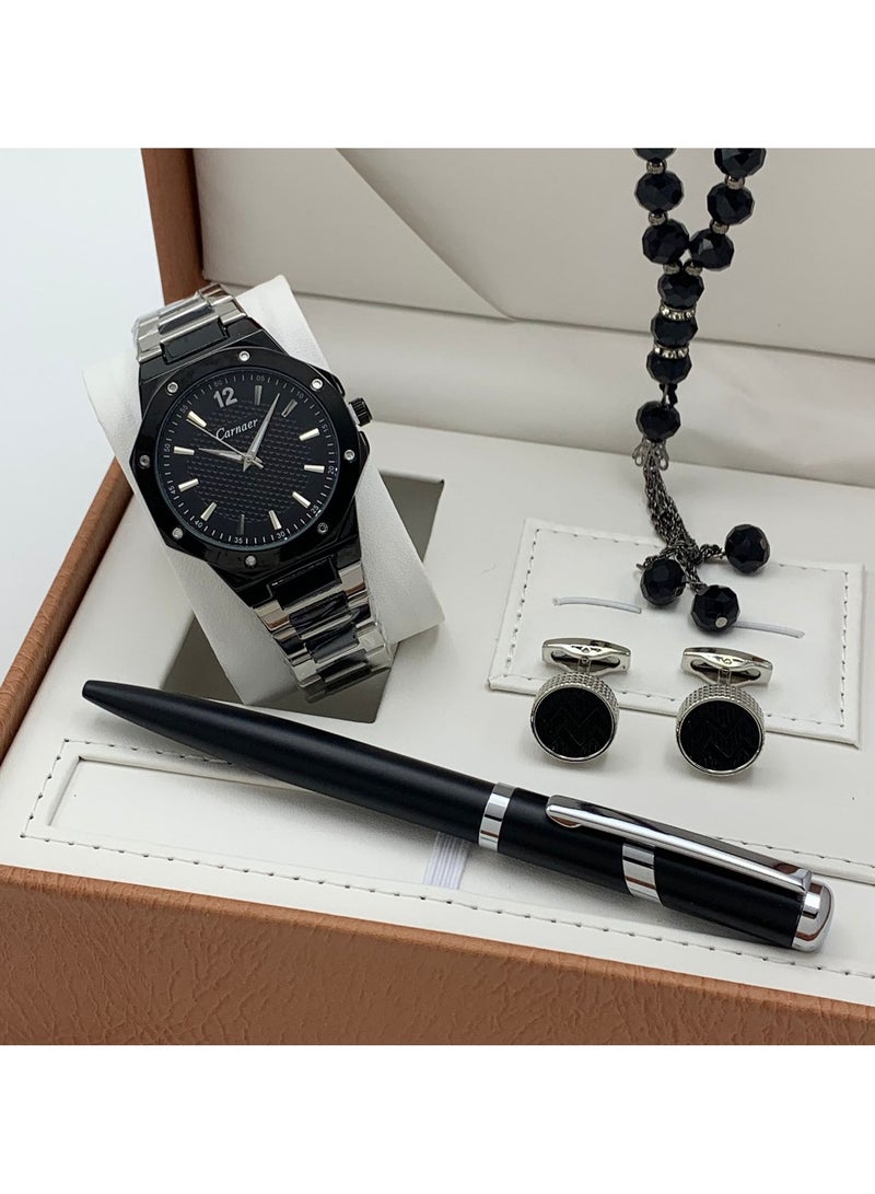 Men's set from Carnaer, consisting of four pieces: a watch, a pen, cufflinks, and a rosary.