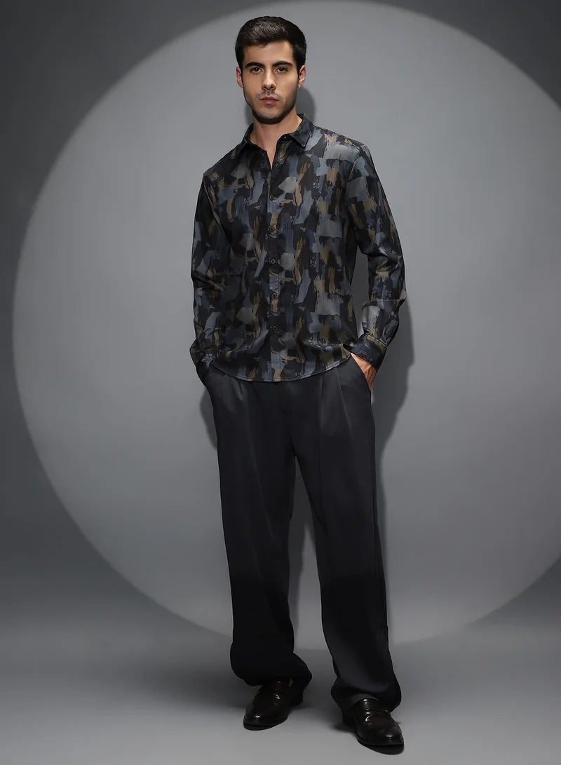 Campus Sutra Men's Blue & Black Fray-Stroke Imprint Shirt For Casual Wear | Spread Collar | Long Cuffed Sleeves | Button Closure | Shirt Shirt Crafted With Comfort Fit For Everyday Wear