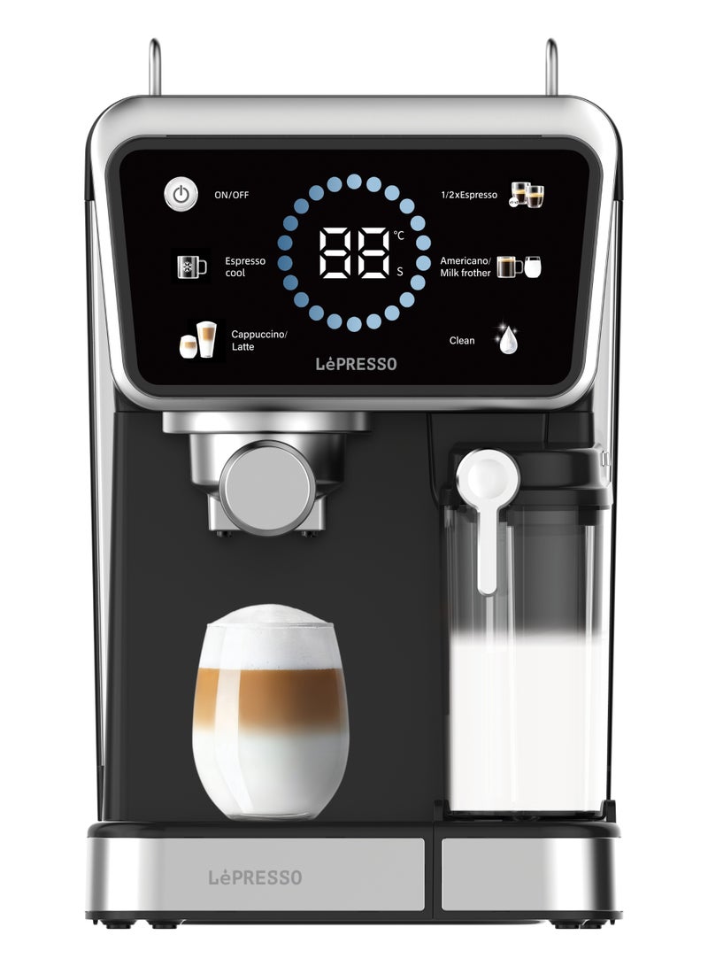 ليبرسو ماكينة تحضير القهوة الساخنة والباردة مع وظيفة رغوة الحليب، شاشة رقمية للوقت ودرجة الحرارة مع التحكم باللمس، ضغط 20 بار، سعة خزان الماء 1.5 لتر وخزان الحليب 500 مل - أسود - Image 1