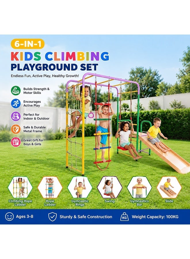 MaBaby 6-in-1 Kids Climbing Playground with Swing & Slide, Indoor Outdoor Metal Jungle Gym for Toddlers, Climbing Rope Ladder, Rope Net & Gymnastics Bar, Early Development Play Set for Boys Girls Ages 3-8 - Image 2