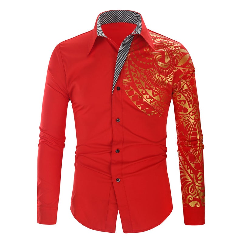ebay2021 New Men's Fashion Slim Shirt Creative Totem Bronzing Printed Long Sleeve Shirt - Image 5