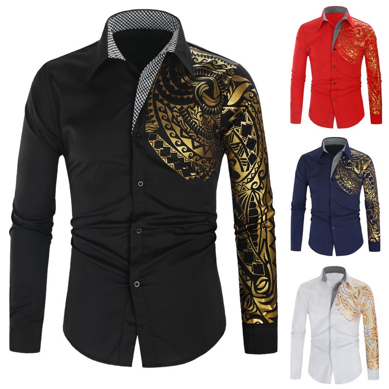 ebay2021 New Men's Fashion Slim Shirt Creative Totem Bronzing Printed Long Sleeve Shirt - Image 2