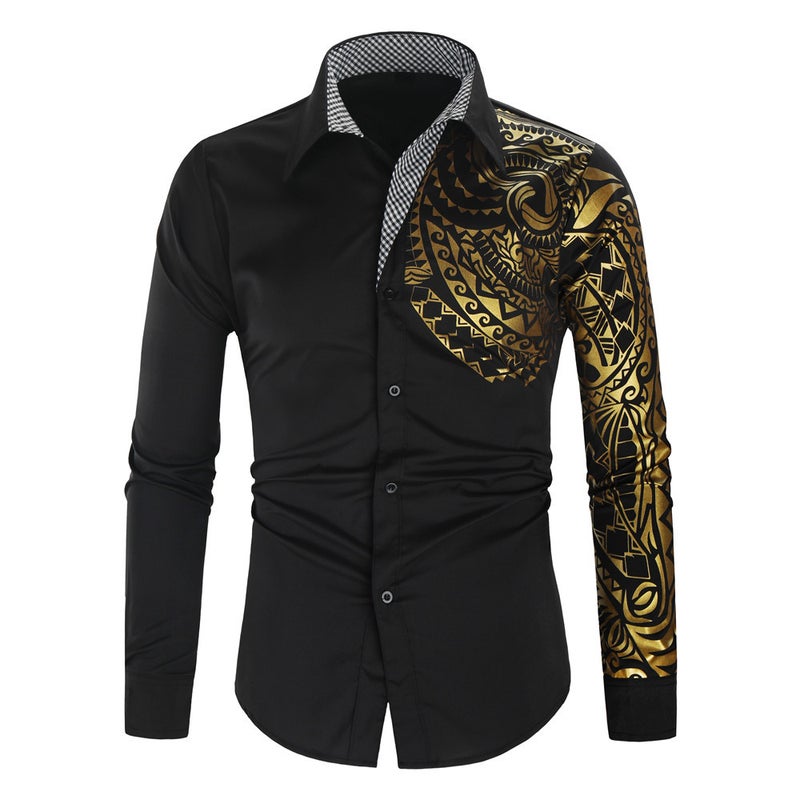 ebay2021 New Men's Fashion Slim Shirt Creative Totem Bronzing Printed Long Sleeve Shirt - Image 1