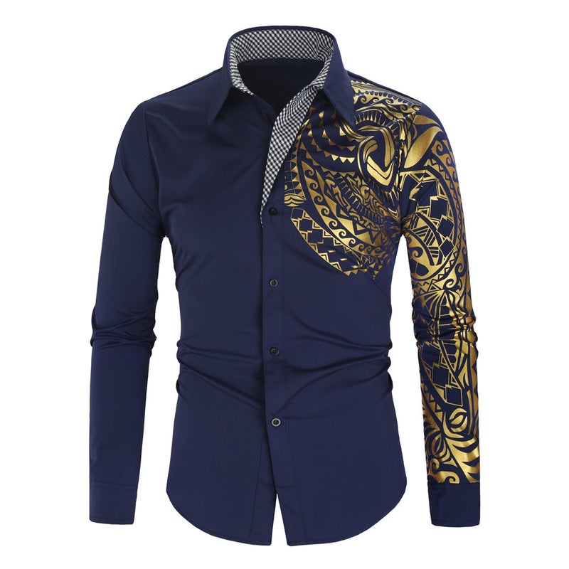ebay2021 New Men's Fashion Slim Shirt Creative Totem Bronzing Printed Long Sleeve Shirt - Image 4