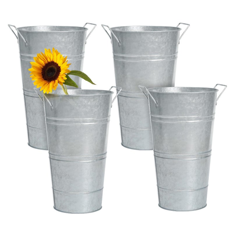 Notakia 12 Inch Large Galvanized Metal Vases Farmhouse French Flower Bucket Vases for Cut Flowers for Home Decor and Wedding Table Centerpiece Decorations Large Silver Set of 4