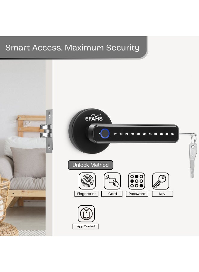 EFAHS Smart Door Lock WiFi Fingerprint Digital Lock | Keyless Entry Handle with App Control, RF Card, Password & Mechanical Key | Home Security Door Lock Black - Image 2