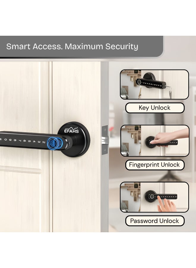 EFAHS Smart Door Lock WiFi Fingerprint Digital Lock | Keyless Entry Handle with App Control, RF Card, Password & Mechanical Key | Home Security Door Lock Black - Image 3