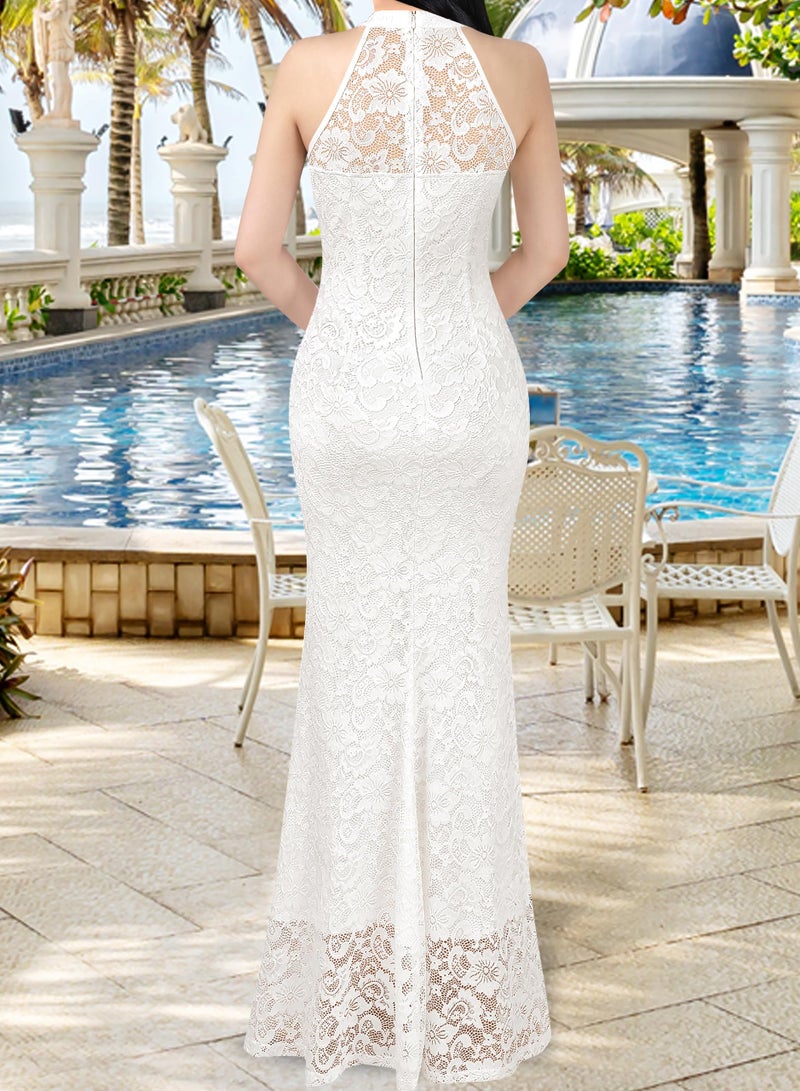 VFSHOW Womens Elegant Halter High Slit Formal Wedding Guest Maxi Long Dress 2023 Prom Sweetheart Neck Lace Cocktail Evening Gown (Ivory, Medium) 10625 WHT M - Image 3